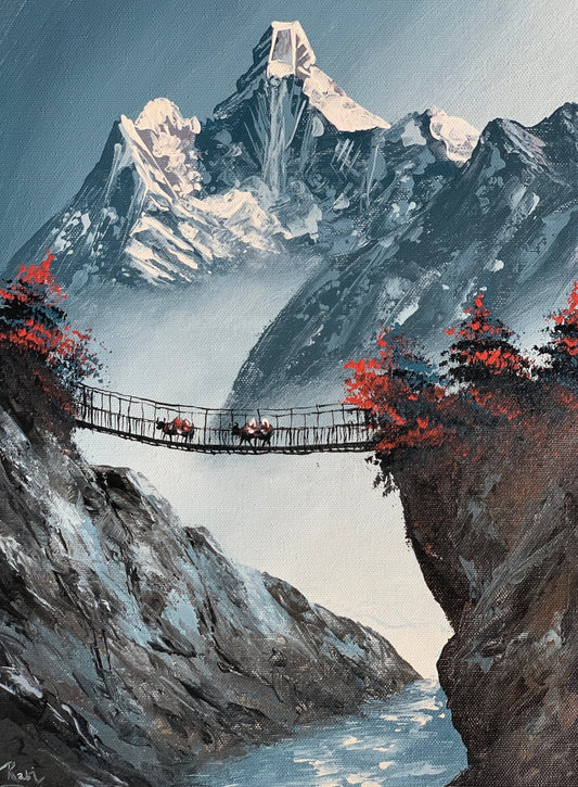 Mount Ama Dablam and Lukla Bridge Nepal Himalayas Original Painting