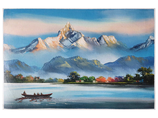 Painting of Lake of Pokhara with Mountain View Oil Color On Canvas